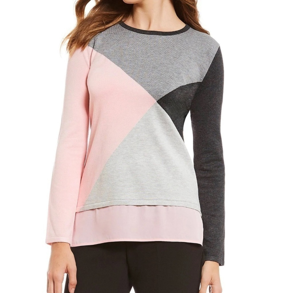 INVESTMENTS COLOR BLOCK LAYERED LOOK LONG SLEEVE CREW NECK SWEATER SIZE 2X
